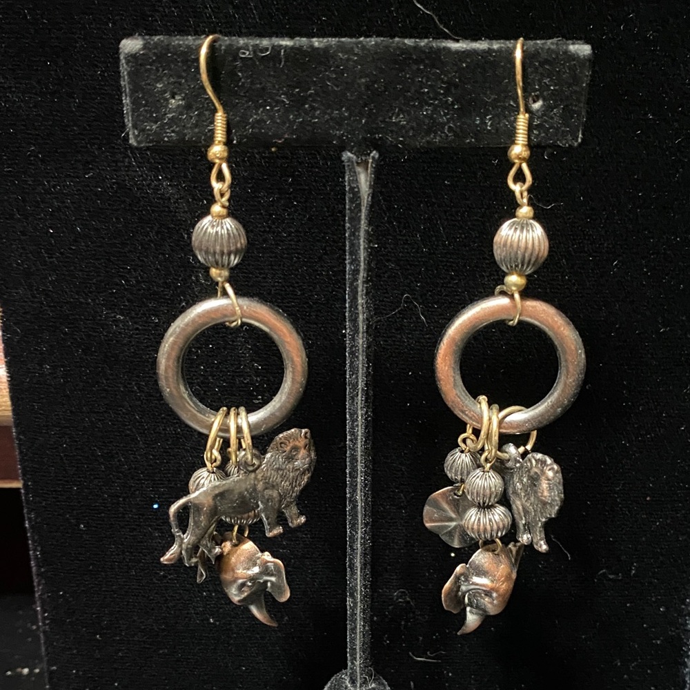 Vintage Gold and Silver wild Animal Charm long pierced Earrings
